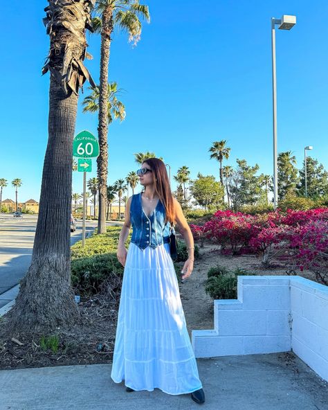 White maxi skirt & denim vest 🤍 Wearing my favourite denim vest from @freepeople Comment “LINK” and I’ll DM you 🫶🏻 Denim vest- @freepeople Maxi skirt- @hollister Bag- @jwpei_official Boots- @hm #summeroutfit #maxiskirt #denimvest #outfitoftheday #summerfashion Denim Vest Maxi Skirt Outfit, Vest With Skirt, Maxi Skirt Denim, White Maxi Skirt, White Maxi Skirts, Maxi Skirt Outfits, Instagram White, Skirt Denim, White Maxi