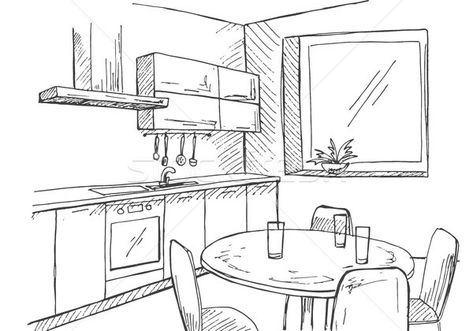 Kitchen Drawing Sketch Easy, Kitchen Background Drawing, Kitchen Drawing Sketch, Kitchen With A Window, Window Vector, Drawing Backgrounds, Flat Furniture, Comic Reference, Tiled Wall