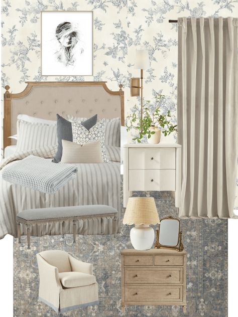 The Beautiful Guest Room Mood Board - Truemans Treasures French Blue Guest Bedroom, Blue Guest Room, Toile Wallpaper, Blue Toile, Perfect White Tee, Ikea Cabinets, White Nightstand, Modern Cottage, Bedroom Refresh