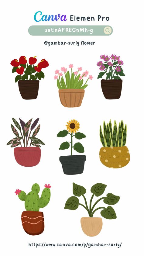 Pot Drawing, Plants Illustration, Flat Drawings, Canvas Learning, Flower Drawing Design, Motion Graphics Inspiration, Watercolour Inspiration, Canva Element, Canva Elements