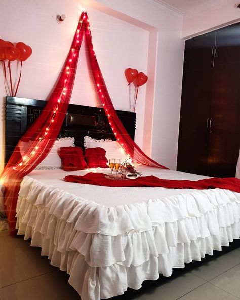 romantic bedroom decor for anniversary Simple First Night Room Decoration, Just Married Room Decoration, Romantic Room Design, Wedding Night Room Decorations, Valentines Bedroom, Romantic Room Surprise, Romantic Dinner Decoration, Romantic Room Decoration, Wedding Bedroom