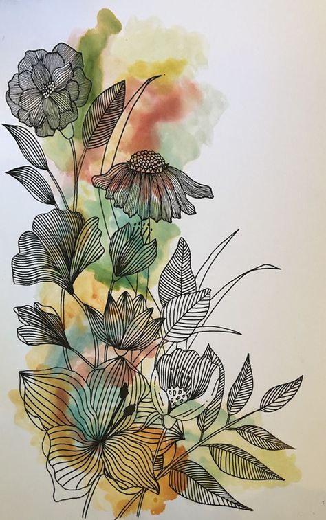 Pen Drawing With Watercolor, Wash And Line Watercolor, Line Drawing Watercolor, Reverse Coloring Ideas, Abstract Flowers Drawing, Watercolor And Ink Flowers, Watercolor Pen Art, Watercolor And Pen Art, Watercolor And Ink Art