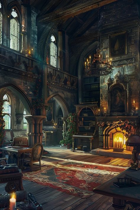 Beauty And The Beast Castle Interior, Fantasy Castle Aesthetic Interior, Fantasy Mansion Interior, Barovia Aesthetic, Old Manor Interior, Castle Interior Concept Art, Dark Castle Interior, Medieval Throne Room, Medieval House Interior