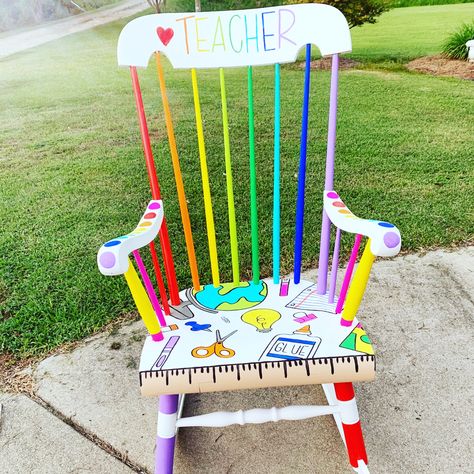 Painted Teacher Chair Classroom, Teacher Rocking Chair Painted Diy, Diy Teacher Chair, Painted Rocking Chairs For Classroom, Teacher Rocking Chair Painted, Teacher Rocking Chair, Classroom Rocking Chair, Teacher Rocking Chairs, Teacher Chair