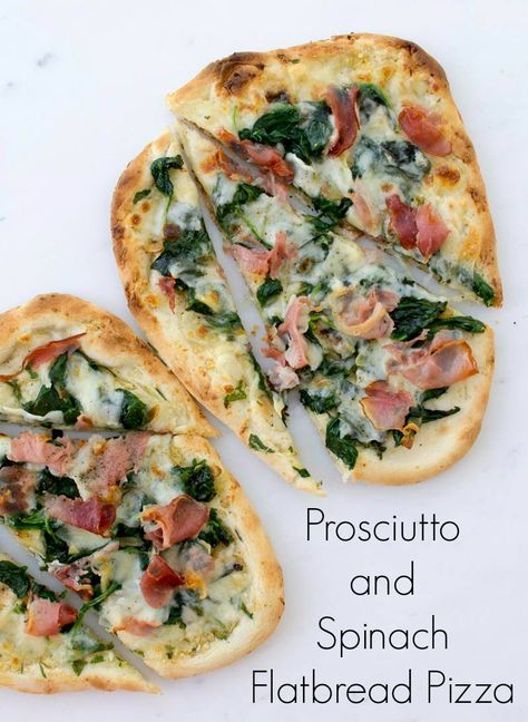 Made with naan flatbread, this quick and tasty Prosciutto and Spinach Flatbread Pizza is layered with garlic-sautéed spinach and a variety of white cheeses. Spinach Flatbread Pizza, Spinach Flatbread, Pizza Naan, Pane Naan, Flatbread Pizzas, Flatbread Pizza Recipes, Naan Flatbread, Healthy Pizza Recipes, Naan Pizza