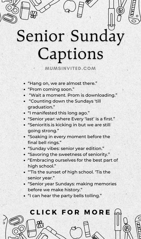 In search for the best senior sunday quotes? Here are some of the best Senior Sunday captions from mom! Find funny & cute Senior Sunday captions perfect for instagram. Discover Senior Sunday caption ideas for your senior sunday pictures, high school Senior Sunday quotes to share with friends & quotes for Senior Sunday to inspire. Make your Senior Sunday insta captions unforgettable with these heartwarming quotes for parents. first and last senior sunday captions. senior sunday post captions Senior Bio Ideas, Last Senior Sunday Caption, Senior Sunday Quotes, Senior Class Quotes, Senior Sunday Captions, Graduation Caption Ideas, College Graduation Quotes, Quotes For Graduation Caps, Sunday Captions