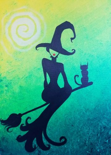 Green Witch Painting, Paint Nite Ideas Step By Step Easy, Wiccan Paintings Ideas, Simple Witch Painting, October Painting Ideas, Witch Painting Ideas, Halloween Witch Drawing, Witchy Painting Ideas, Halloween Canvas Paintings