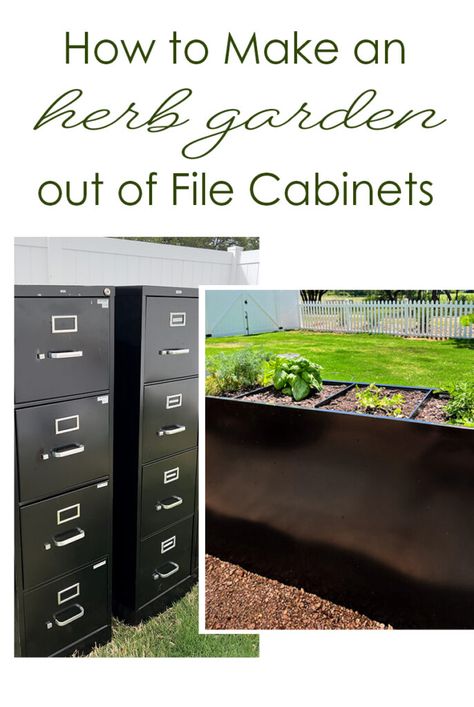 Repurposed Raised Garden Beds Upcycling, Filing Cabinet Planters, File Cabinet To Planter, Front Yard Herb Garden Ideas, File Cabinet Garden, Filing Cabinet Raised Bed, File Cabinet Raised Garden, Old Filing Cabinet Ideas, Tiny Front Yard Ideas