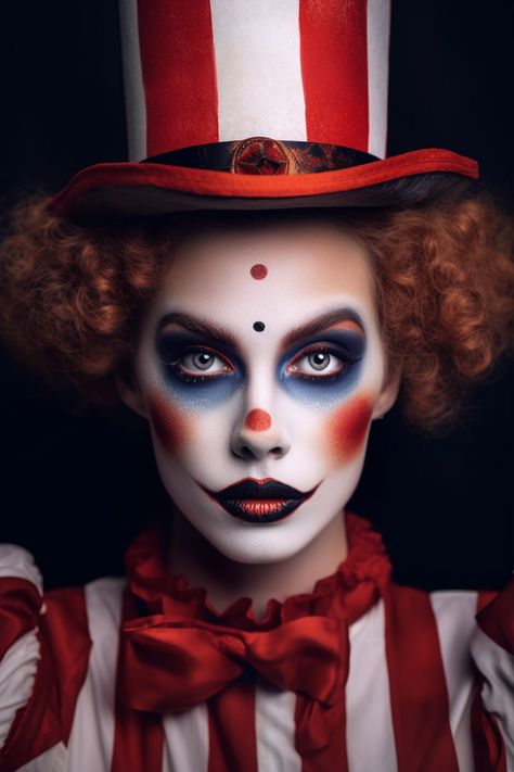 Halloween Circus Clown makeup inspired by vintage circus performances Circus Clowns Vintage, Hobo Clown Makeup, Halloween Circus Makeup, Circus Makeup Ideas, Womens Clown Makeup, Vintage Circus Makeup, Halloween Circus Costumes, Dark Clown Costume, Cute Mime Makeup