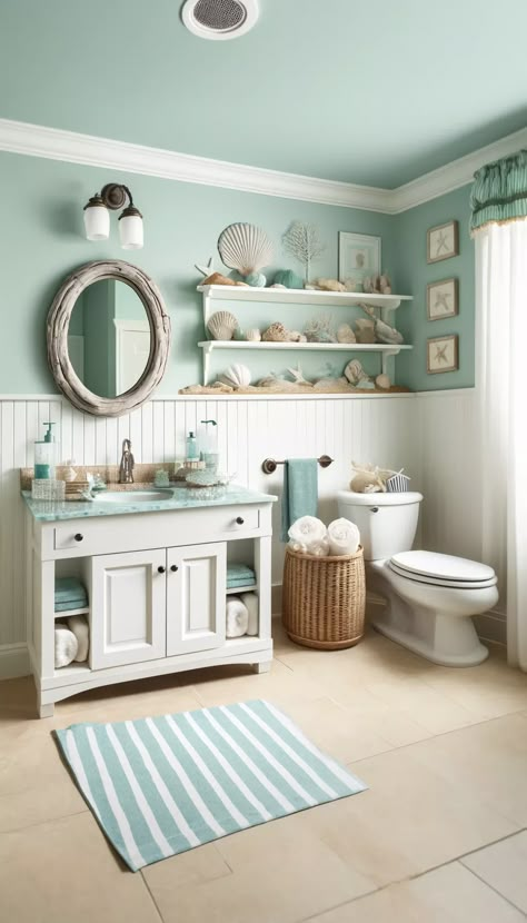 21 Stunning Restroom Decor Ideas to Transform Your Bathroom ✨🛁 Masterbath 2024, Sea Glass Countertop, Hawaii Bathroom, Restroom Decor Ideas, Coastal Bathroom Ideas, Beach Themed Bathroom, Ocean Bathroom, Glass Countertop, Bathroom Redecorating