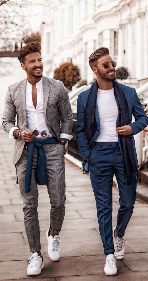 Grey and Blue Suits with White Sneakers Suits And Sneakers, Best White Sneakers, White Sneakers Outfit, Stylish Mens Suits, Blue Suit Jacket, Mens Business Casual Outfits, Grey Suit Jacket, White Sneakers Men, Mens Fashion Blazer