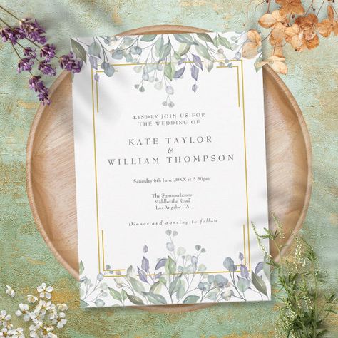 $2.92 | Greenery Sage Lilac Floral All In One Wedding #all in one wedding invitation, botanical affordable wedding, modern cheap wedding, rsvp and reception details, simple inexpensive wedding, elegant budget wedding, sage lilac watercolor floral foliage, chic gold geometric, romantic, whimsical Lilac Wedding Themes, Lilac Leaves, Lilac Wedding Invitations, Sage Wedding Colors, Lavender Wedding Theme, Wedding Theme Color Schemes, Lavender Wedding Invitations, Stylish Wedding Invitation, Floral Greenery