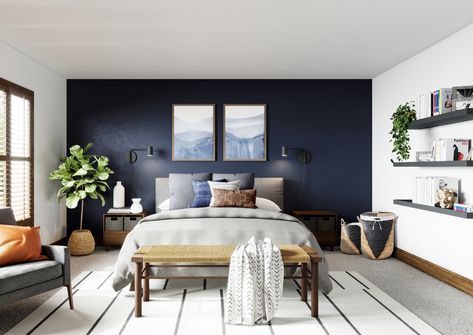 Blue Feature Wall Bedroom, Midcentury Modern Bedroom, Blue Bedroom Walls, Navy Blue Bedrooms, Grey Bed, Feature Wall Bedroom, Bed Grey, Blue Accent Walls, Loft Bedroom