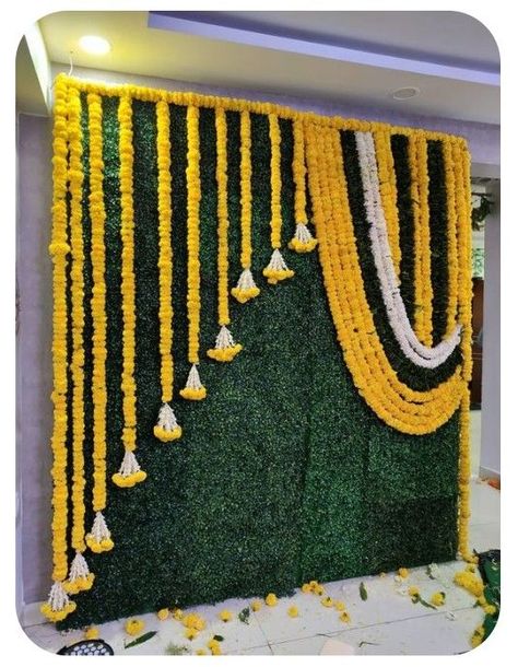 Simple Wedding Stage Decoration At Home ||Marriage Wedding Stage Decoration Simple Wedding Stage, Haldi Decoration Ideas At Home, Marigold Garland, Faux Garland, Haldi Decoration Ideas, Ganpati Decoration Theme, Haldi Ceremony Decorations, Small Wedding Decor, Ganesh Chaturthi Decoration