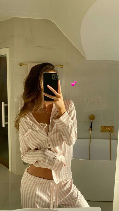 Explore Victoria's Secret Nightwear within Link 📲 Skincare Sunday, Summer Vision Board, Striped Pjs, Reset Day, Pink Pjs, Summer Vision, Sunday Reset, Mirror Selfie Poses, Nightwear