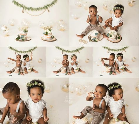 Twins Photoshoot Ideas 1 Year, Twin 1st Birthday Photoshoot, Twin First Birthday Photoshoot, Twin 1st Birthday Ideas Boy And Girl, Twins First Birthday Photoshoot, Boho Smash Cake, Twin Birthday Pictures, Twins Cake Smash, Twin Cake Smash