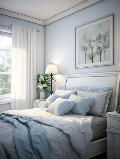 Small Blue Bedroom Ideas, White And Light Blue Bedroom, Small Blue Bedroom, Light Blue Bedroom Decor, Cozy Blue Bedroom, Blue Bedroom Ideas For Couples, Light Blue Bedroom, Bedrooms For Couples, Blue Bedroom Ideas