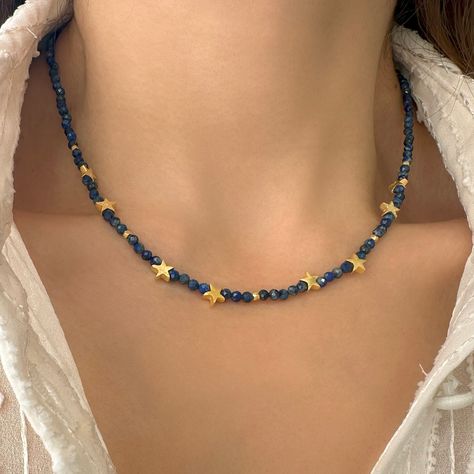 Lapis lazuli choker! A Seed bead choker with genuine lapis lazuli and little stars. A unique Tiny stars necklace  ✔️Genuine Lapis Lazuli Necklace✔️ High-Quality  925 Sterling Silver Available with a  24K Gold  Finish This blue lapis necklace is great for wearing alone or for layering with other necklaces. It is the perfect gift for your girlfriend, sister, bridesmaids, or even yourself! Made by hand in Greece.     👉A few words about Genuine Lapis Lazuli. Lapis Lazuli is one of the most sought-a Choker Necklace Beaded, Layered Seed Bead Necklace, Star Beaded Necklace, Bracelet Ideas Seed Beads, Beaded Jewelry Simple, Seed Bead Necklace Ideas, Bead Necklace Ideas, Bead Jewelry Ideas, Seed Bead Necklace Choker