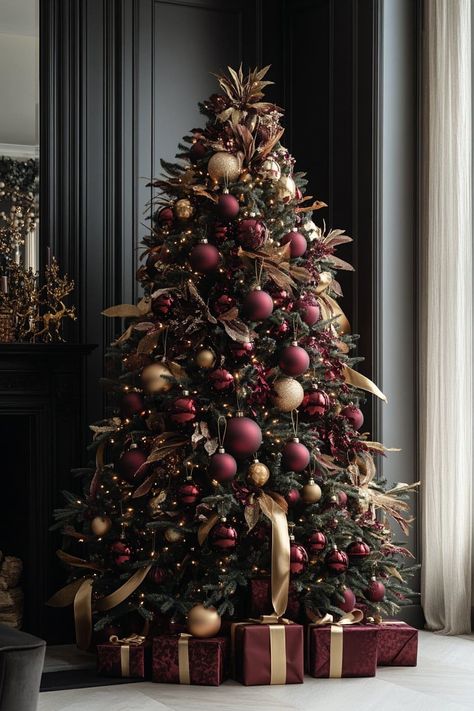 29 Red and Gold Christmas Tree Masterpieces (That Will Make Your Holiday Dreams Come True) - homeideashub.com Burgundy Black And Gold Christmas Tree, Flocked Burgundy Christmas Tree, Deep Red And Brown Christmas Tree, Christmas Tree Burgundy Red, Christmas Decor Ideas Burgundy And Gold, Burgandy Christmas Tree Decor, Shades Of Red Christmas Tree, Berries In Christmas Tree, Burgundy Green Gold Christmas Tree