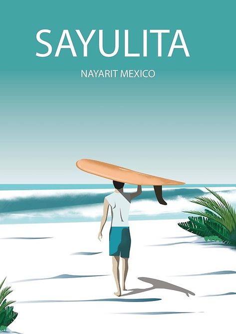 Mexico Surfing  travel poster wall art Kayaking With Dogs, Retro Surf Art, Surf Poster, Travel Poster Design, Retro Surf, Gig Poster, Inflatable Kayak, Beach Posters, Travel Illustration