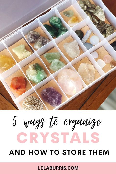 diy crystal organizer and storage Gem Storage Ideas, Gemstone Collection Display Ideas, How To Organize Your Crystals, Witchcraft Storage Ideas, Diy Crystal Storage, Diy Rock Collection Storage, Gemstone Storage Ideas, Crystals Storage Ideas, Crystals Storage Display