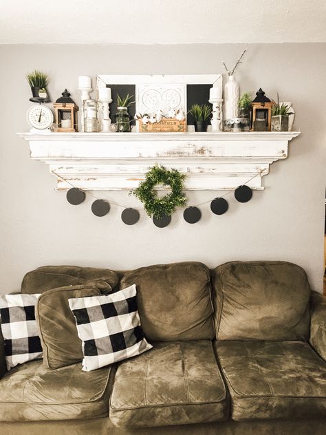 Floating Mantle Shelf Living Room, Mantel Under Tv Decor, Mantle Shelf Decorating Ideas, Above Couch Shelf Decor, Farmhouse Living Room Mantle, Long Shelf Above Couch, White Mantle Fireplace, Floating Mantle Shelf, Farmhouse Fab