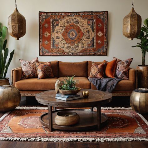 An eclectic living room with a mix of global influences, showcasing Moroccan rugs, Asian-inspired artwork, and African decor accents for a vibrant and culturally rich space. #LivingRoom #Eclectic #GlobalInfluences #MoroccanRugs #CulturalDecor Global Heritage Interior Design, Heritage Interior Design, Heritage Interior, Moroccan Rug Living Room, Eclectic Living, Eclectic Living Room, African Decor, Decor Accents, Asian Inspired