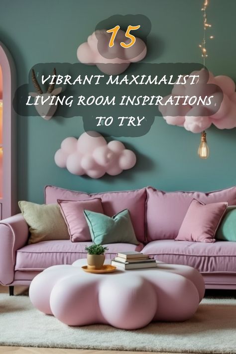 I absolutely love this vibrant maximalist living room design! The playful pink sofa paired with quirky cloud-shaped decor creates such a whimsical atmosphere. I can't get enough of how the soft pastel colors blend beautifully with the bold green wall, making it a perfect spot for relaxation and creativity. Discover these 15 vibrant inspirations to transform your space! Pastel Sofa, Maximalist Pastel, Vibrant Maximalist, Japandi Dining Room, Maximalist Living Room, Maximalist Design, Fusion Design, Living Room Design Ideas, Soft Pastel Colors