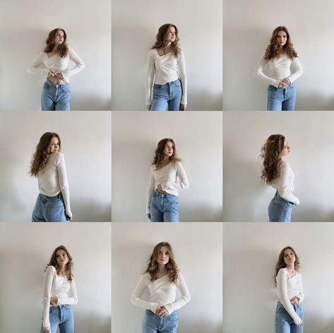 Square instagram collage inspiration. Feed inspo. How to pose. Phone photagraphy for Instagram. White knitted sweater, blue denim jeans. Curled dark blonde hair. Pose tips. Poses For Jeans Outfit, Poses In White Shirt, Poses In Jeans Top At Home, How To Pose In Jeans, Jeans T Shirt Photo Pose, Jeans Photo Poses, Shirt Poses Photo Ideas, Jeans Poses Picture Ideas, Poses In Jeans