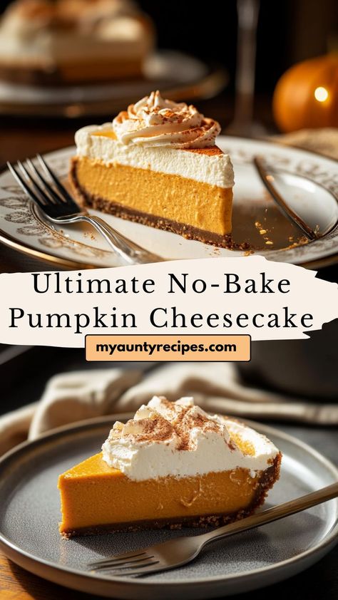 Try this Quick & Easy No-Bake Pumpkin Cheesecake, a delicious fall dessert made with spiced pumpkin and a creamy filling on a graham cracker base. It’s simple to make and captures the essence of pumpkin pie in a cool, refreshing form. Gluten Free Pumpkin Cheesecake, Easy Pumpkin Dessert, No Bake Pumpkin, No Bake Pumpkin Cheesecake, Pumpkin Pie Cheesecake, Pumpkin Recipes Easy, No Bake Pumpkin Pie, Easy Pumpkin Pie, Spiced Pumpkin