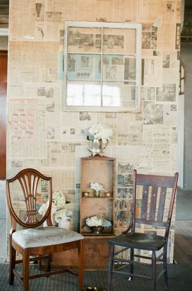 Seating area with newspapered wall & old window pane Wedding Redo, Old Window Panes, Vintage Backdrop, Newspaper Wall, Photoshoot Backdrops, Lovely Photo, Refined Wedding, Kansas City Wedding, Photo Booth Backdrop