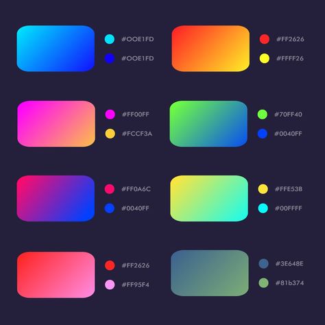 Gradient Color Design Colour Palettes, Futuristic Colour Palette, Neon Website Design, Millennial Color Palette, Tech Color Palette, Gradient Color Palette, Gradient Palette, Product Catalog Design, Logo Design Color Palette