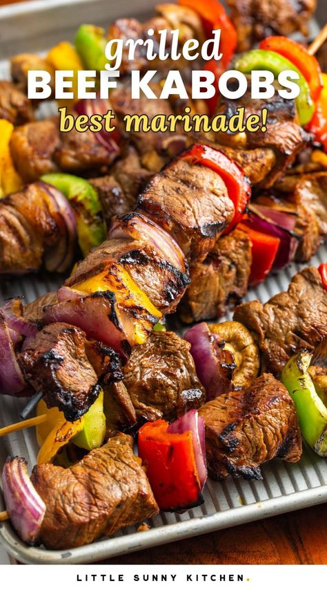 Sirloin steak cubes are marinated and skewered with bell peppers and onions, then quickly grilled to make the most tender and flavorful grilled beef kabobs. Best Steak For Kabobs, Bbq Beef Kabobs On The Grill, Beef Kebobs Recipes, Teriyaki Beef Kabobs, Kebob Recipes Beef Kabobs, Marinade For Kabobs Beef, Shishkabobs Marinade Beef Kabobs, Grilled Steak Kabobs Skewers, Sirloin Kabob Recipes