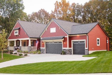 Red Ranch House Exterior, Red Exterior House, Red Siding House, Red House Siding, Red Houses Exterior, Grey And Red Exterior House Colors, Red Ranch House, Autumn Red Siding House, Red Shaker Siding House