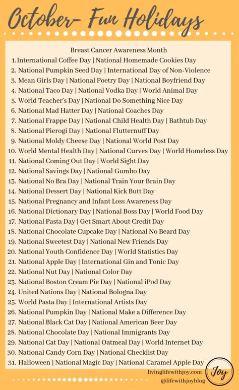 2019 Fun National Holidays | Living Life With Joy National Days In October, National Celebration Days, National Vodka Day, National Holiday Calendar, Fun Calendar, Funny Holidays, National Poetry Day, Silly Holidays, National Boyfriend Day