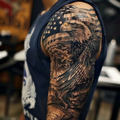 American Flag With Eagle Tattoo, Western Full Sleeve Tattoo, Men’s Traditional Arm Sleeve, Mens Sleeve Tattoo Ideas Family, Cool Tattoo Sleeve Men, Color Tattoos Men, Men’s Family Arm Sleeve Tattoo, Cool Upper Arm Tattoos, Eagle Sleeve Tattoo Men