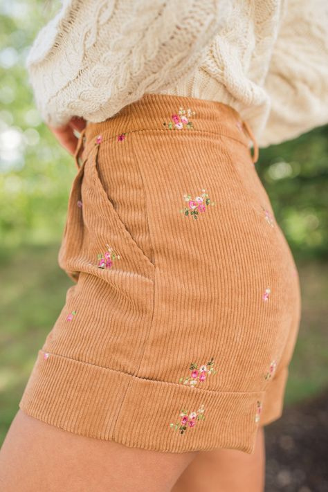 Details Brown Floral Embroidered Corduroy Shorts Fabric has no stretch Functional belt loops and pockets, rolled hem, embroidered flowers Pair these shorts with a cute sweater! Unlined Size small inseam: 3" Material and Care 100% polyester Machine wash cold, no drum drying Patterns may vary Materials may have natural variations Colors may vary from different viewing devices. Spring Clothing Ideas, Vintage Bottoms, Embroidered High Waist Summer Shorts, Farm Chic, Embroidered Sweatpants, Embroidered Clothes Ideas, Embroidered Tights, Floral Clothing, Fun Shorts