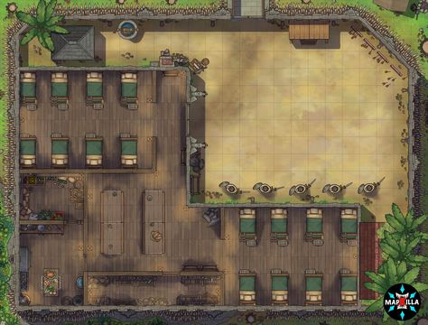 Get instant access to hundreds of battlemaps on our Patreon! #dnd5e #dndmaps #dnd #battlemaps #5e #art #digitalart #dndhomebrew #dndmemes #dungeonsanddragons #criticalrole #fantasyart #fantasy #fantasymap #cartography #worldbuilding #tabletop #ttrpg #rpg #barracks #training ground #beds Barracks Map Dnd, Training Area Fantasy Art, Dnd Training Ground Map, Battlefield Dnd Map, Fantasy Barracks, Training Grounds Fantasy Art, Fantasy Training Grounds, Indoor Archery Range, Training Grounds