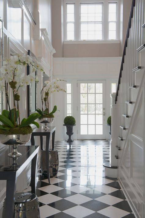 Black And White Stairs, Black And White Floor, Luxury Staircase, Entryway Flooring, British Colonial Style, White Floor, Foyer Decorating, Black And White Tiles, Fireplace Remodel