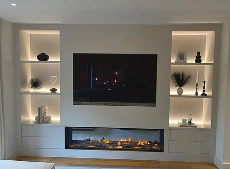 Tv Unit With Chimney Modern, Media Centre With Fireplace, Fireplace Tv Wall With Drawers, Media Wall Fireplace Modern, Full Media Wall, Lounge Ideas With Media Wall, Media Wall Cupboard Doors, Flush Media Wall, Media Wall With Led Lights