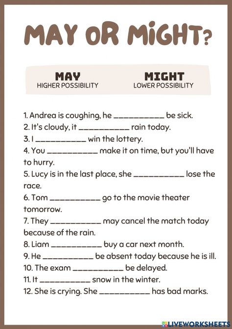 Possibilty online worksheet for 4. You can do the exercises online or download the worksheet as pdf. May And Might Grammar, May Might Grammar, May Might Worksheet, Modals Grammar Worksheet, Might Worksheet, Modal Verbs Exercises, English Excercise, May Worksheets, Modal Verbs