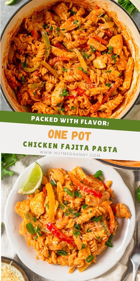 This one pot chicken fajita pasta comes together quickly with pasta, tender chicken, sweet bell peppers, fire-roasted tomatoes, and bold fajita seasoning. Chicken Pasta With Peppers, Fajita Pasta, Chicken Fajitas Pasta Recipe, One Pot Chicken Fajita Rice, One Pot Fajita Pasta, Pasta With Bell Peppers And Chicken, One Pot Chicken Fajita Pasta, Chicken Fajita Pasta, Buffalo Chicken Pasta