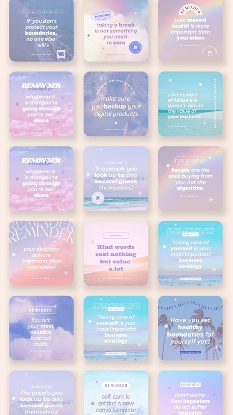 Dreamy Reminders Posts Templates for Instagram - A pretty pack of Canva Templates for Instagram Feed Posts with quotes that may be just what your audience needs to hear. Includes quotes you can use, or type your own to encourage and empower your community. Instagram Graphic Design Posts, Dreamy Graphic Design, Blue And Pink Instagram Feed, Pastel Color Instagram Feed, Educational Instagram Post Template, Instagram Quote Template Design, Pastel Instagram Post Template, Instagram Graphic Design, Instagram Grid Design