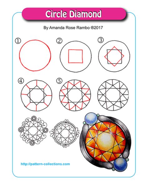 Faceted Round Diamond Step Out – The Tireless Tangler Zantangle Art, Jewel Drawing, Gem Drawing, Zen Doodle Patterns, Zentangle Tutorial, Tangle Pattern, Tangle Doodle, Zentangle Designs, Jewelry Design Drawing