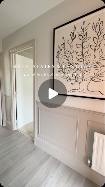 Panelling In The Hallway, Hallway With Panelling, Elephants Breath Hallway, Small Corridor Ideas, Hallway Panelling Colours, Hallway Artwork Ideas, How To Brighten A Dark Hallway, Upstairs Hallway Decorating, Elephants Breath Paint