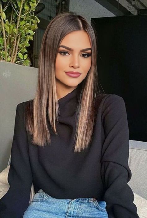 Medium Length Haircut With Layers Straight Hair Side Part, Mid Long Straight Hair, Chest Length Hair Straight, Chest Length Straight Hair, Blonde Highlights On Dark Hair Straight, Below Shoulder Length Hair Straight, Mid Length Hair Straight, Chest Length Haircut, Straight Medium Length Hair