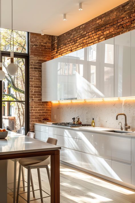 Stay ahead of the curve with 40 brick backsplash trends that infuse modern flair into farmhouse kitchen design while preserving its rustic charm. #KitchenTrends #BrickBacksplash #FarmhouseModern Brick And Tile Backsplash Kitchen, Red Brick Tiles Kitchen, Brick Walls Kitchen, Brick Tiles Kitchen, Red Brick Tiles, Brick Wall Kitchen, Backsplash Trends, Kitchen 2023, Brick Kitchen