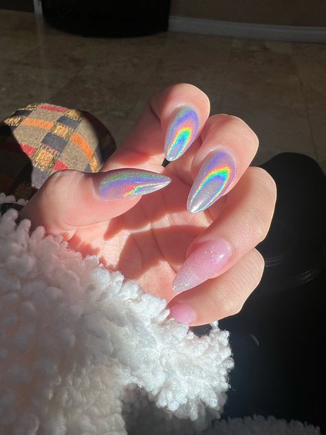 Disco Party Nails, Chrome Rainbow Nails, Pink Rainbow Nails, Abba Nails, Chrome Glitter Nails, Rainbow Chrome Nails, Rainbow Glitter Nails, Rainbow Chrome, Pride Nails