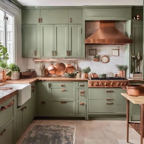 A sage green kitchen is a great way to add character to your home whilst keeping it timeless and classic. It really can elevate your home when paired with a rustic English countryside style kitchen. Sage green adds a subtle pop of colour which can be complimented with brass or antiqued bronze hardware and handles for cabinets or create a more inviting and cosy feel with wood accents for your countertops and open shelves and exposed beams. AI assisted design - I generated this as part of m... Sage Green Kitchen Cabinets Copper Handles, Cooper And Green Kitchen, Green Cabinets Brass Hardware, Sage Wood Kitchen, Sage Green And Copper Kitchen, Copper And Green Kitchen, Green Copper Kitchen, Green Cabinet Kitchen, Sage Green And Wood Kitchen