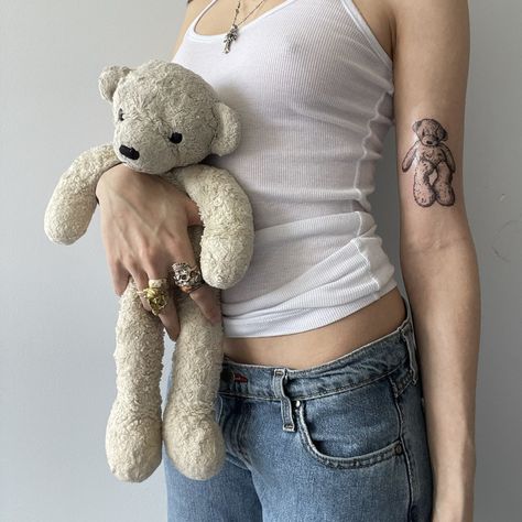 Childhood Bear Tattoo, Childhood Teddy Bear Tattoo, Childhood Teddy Tattoo, Childhood Stuffed Animal Tattoo, Plushie Tattoo, Childhood Tattoo Ideas, Kara Core, Stuffed Animal Tattoo, Teddy Tattoo